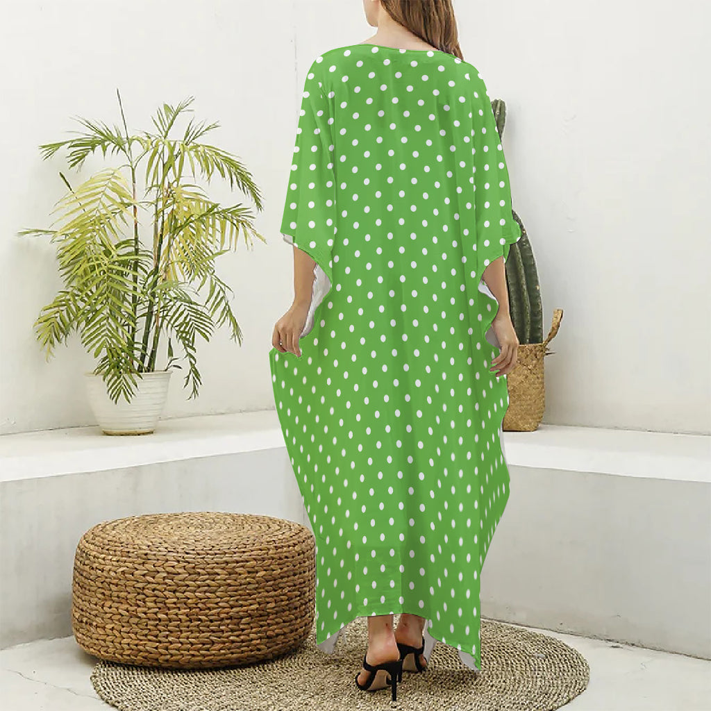 Lime Green And White Polka Dot Print Silk V-Neck Kaftan Dress