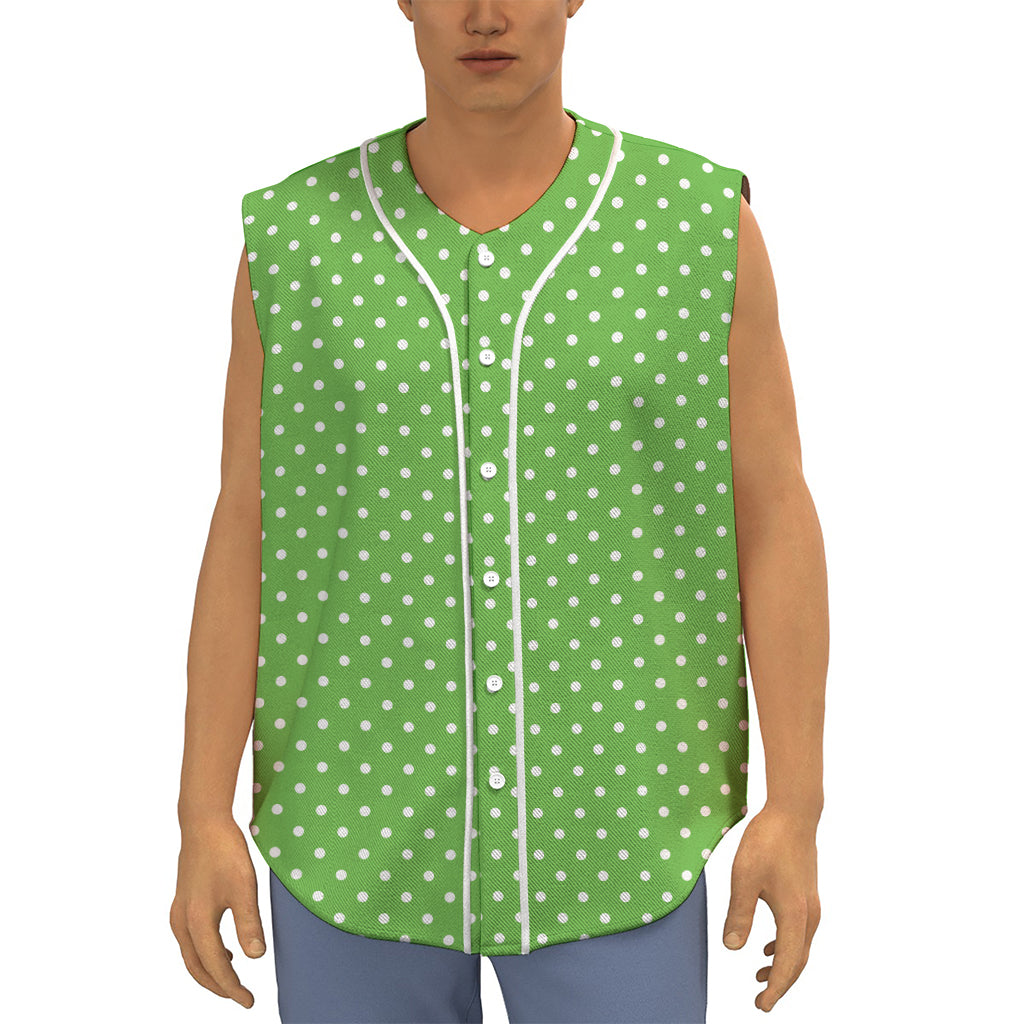 Lime Green And White Polka Dot Print Sleeveless Baseball Jersey