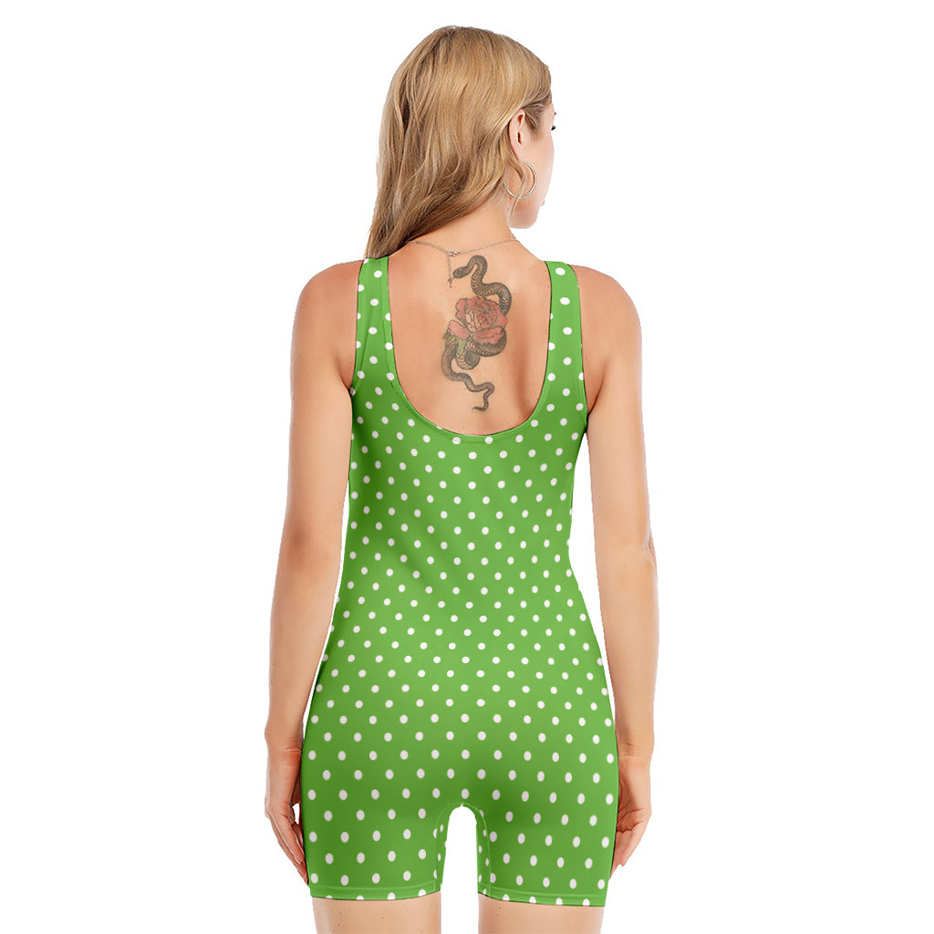 Lime Green And White Polka Dot Print Sleeveless One Piece Swimsuit