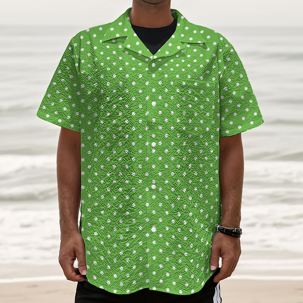 Lime Green And White Polka Dot Print Textured Short Sleeve Shirt