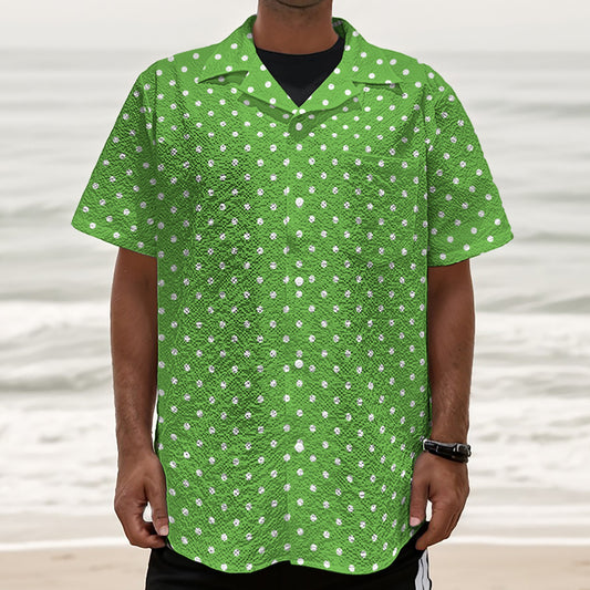 Lime Green And White Polka Dot Print Textured Short Sleeve Shirt