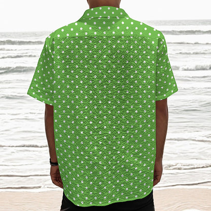Lime Green And White Polka Dot Print Textured Short Sleeve Shirt