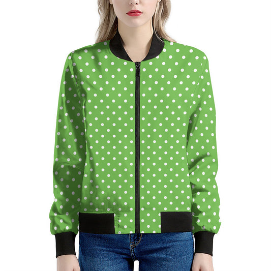 Lime Green And White Polka Dot Print Women's Bomber Jacket