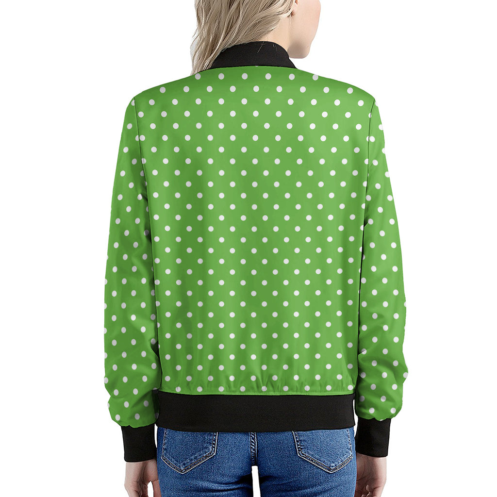 Lime Green And White Polka Dot Print Women's Bomber Jacket