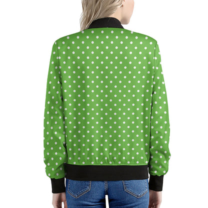 Lime Green And White Polka Dot Print Women's Bomber Jacket
