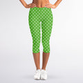 Lime Green And White Polka Dot Print Women's Capri Leggings