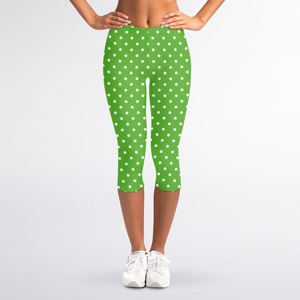 Lime Green And White Polka Dot Print Women's Capri Leggings
