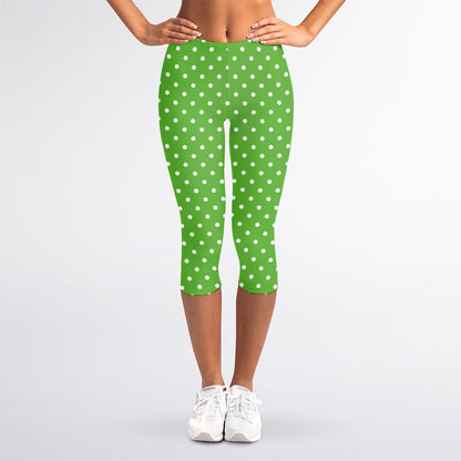 Lime Green And White Polka Dot Print Women's Capri Leggings