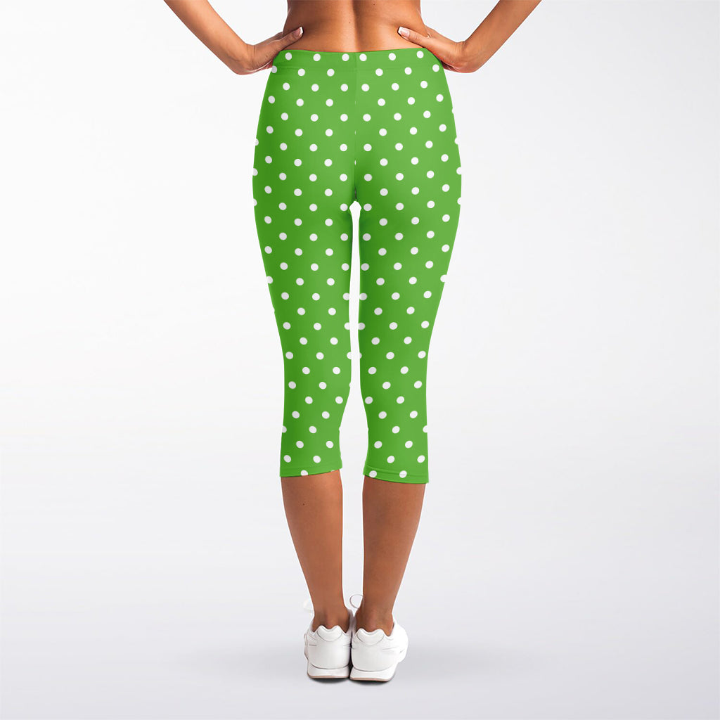 Lime Green And White Polka Dot Print Women's Capri Leggings