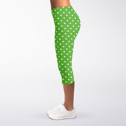 Lime Green And White Polka Dot Print Women's Capri Leggings