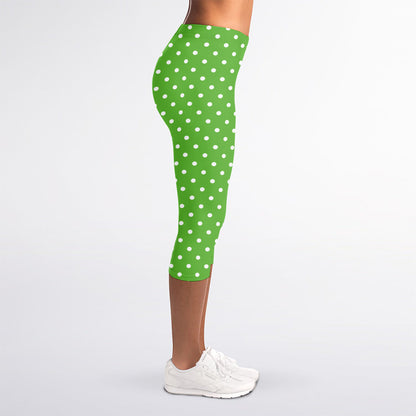 Lime Green And White Polka Dot Print Women's Capri Leggings