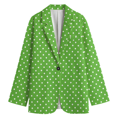 Lime Green And White Polka Dot Print Women's Cotton Blazer