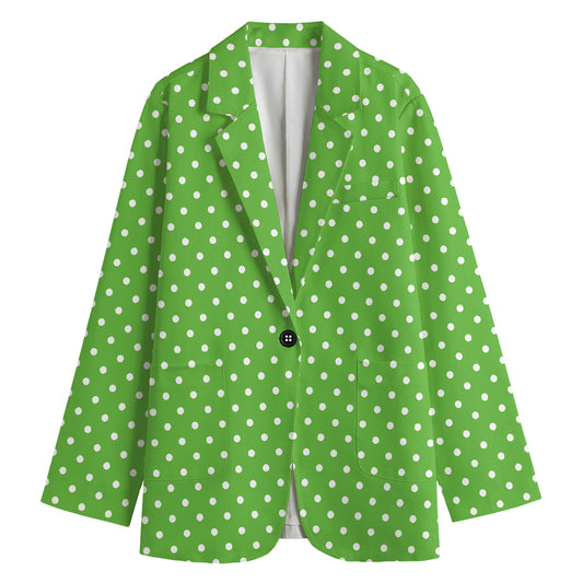 Lime Green And White Polka Dot Print Women's Cotton Blazer