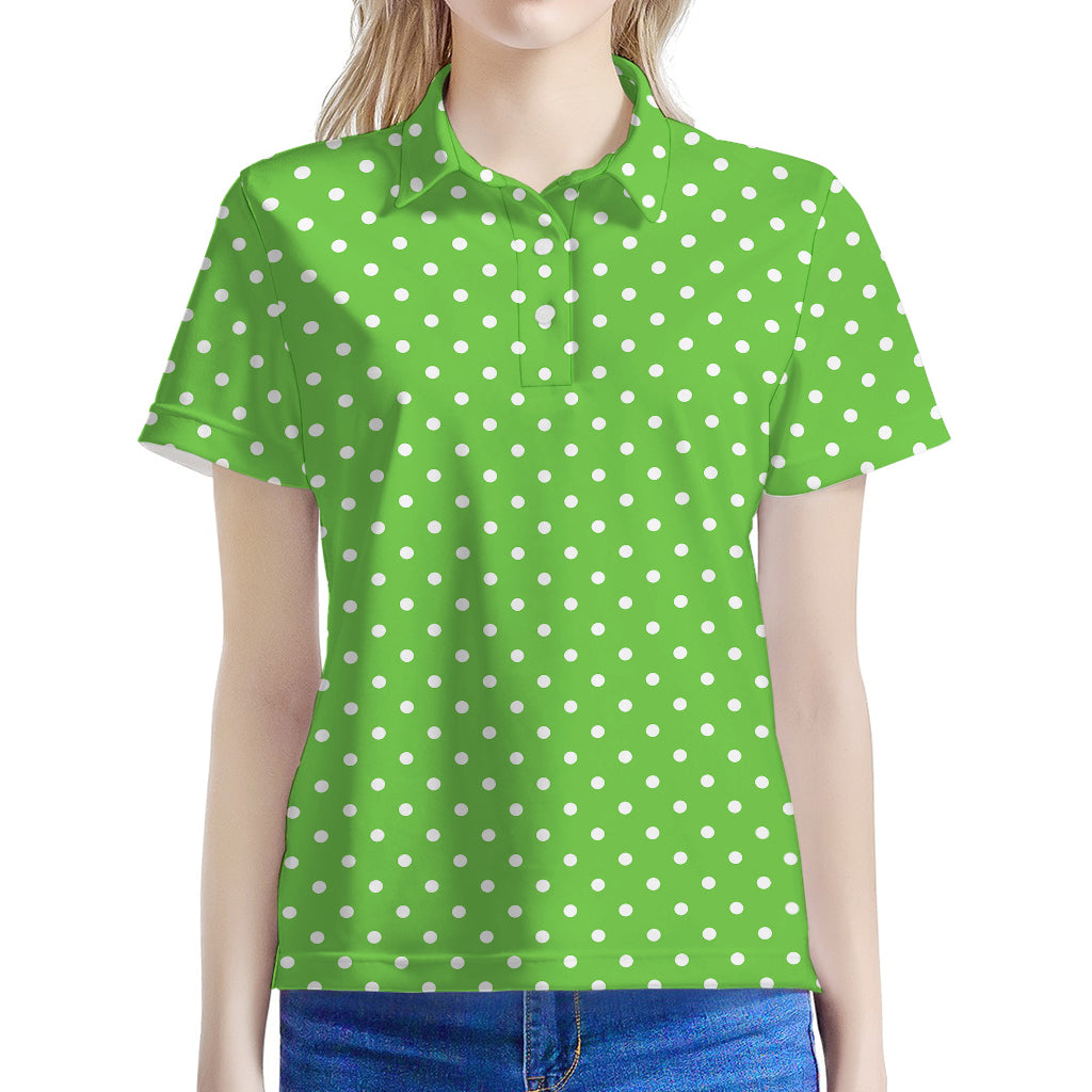Lime Green And White Polka Dot Print Women's Polo Shirt
