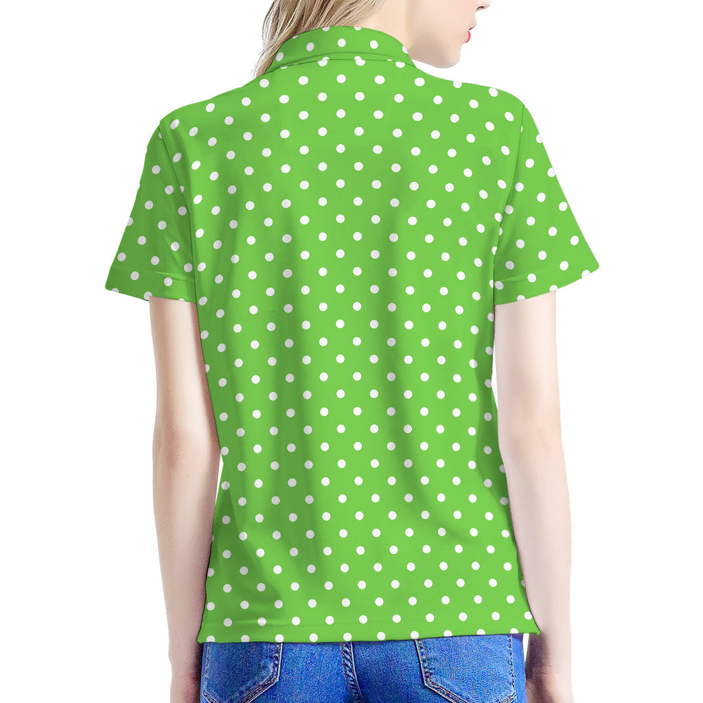 Lime Green And White Polka Dot Print Women's Polo Shirt