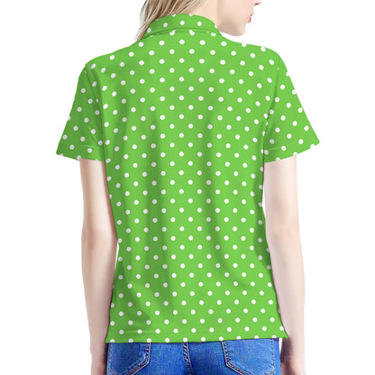 Lime Green And White Polka Dot Print Women's Polo Shirt