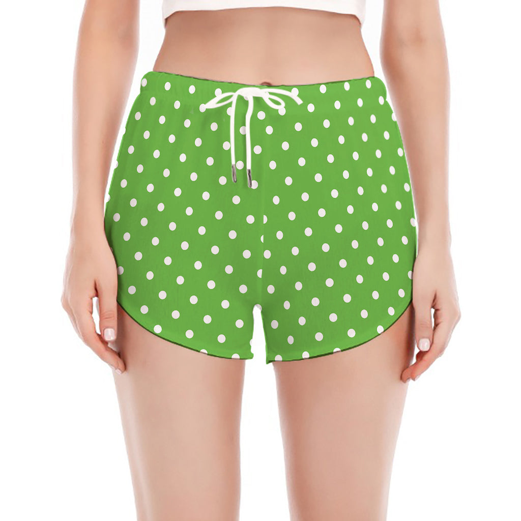 Lime Green And White Polka Dot Print Women's Split Running Shorts