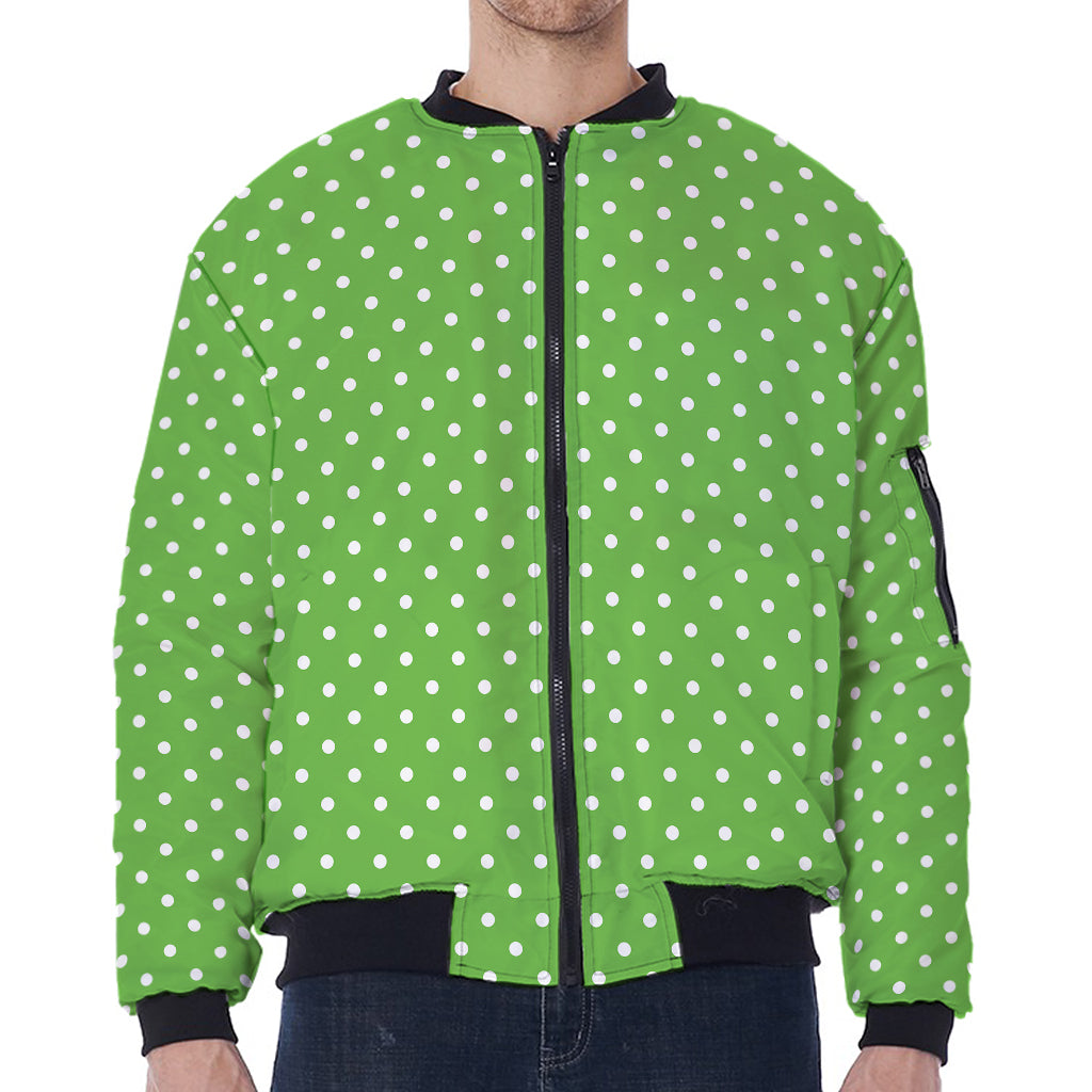 Lime Green And White Polka Dot Print Zip Sleeve Bomber Jacket
