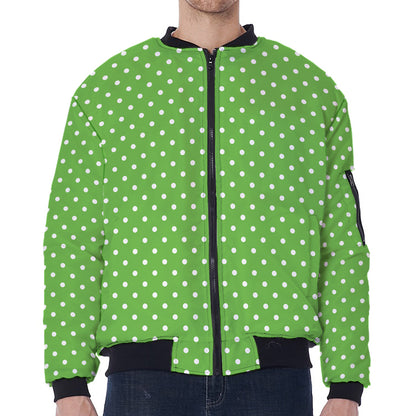 Lime Green And White Polka Dot Print Zip Sleeve Bomber Jacket