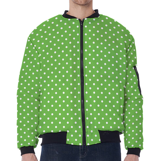 Lime Green And White Polka Dot Print Zip Sleeve Bomber Jacket