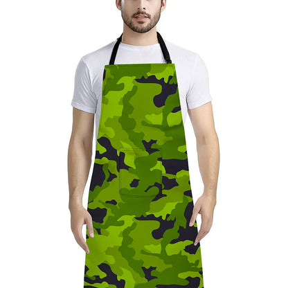 Lime Green Camouflage Print Bib Apron With Pocket