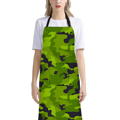 Lime Green Camouflage Print Bib Apron With Pocket