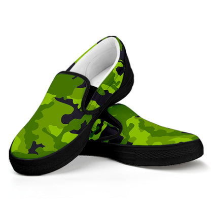Lime Green Camouflage Print Black Slip On Sneakers