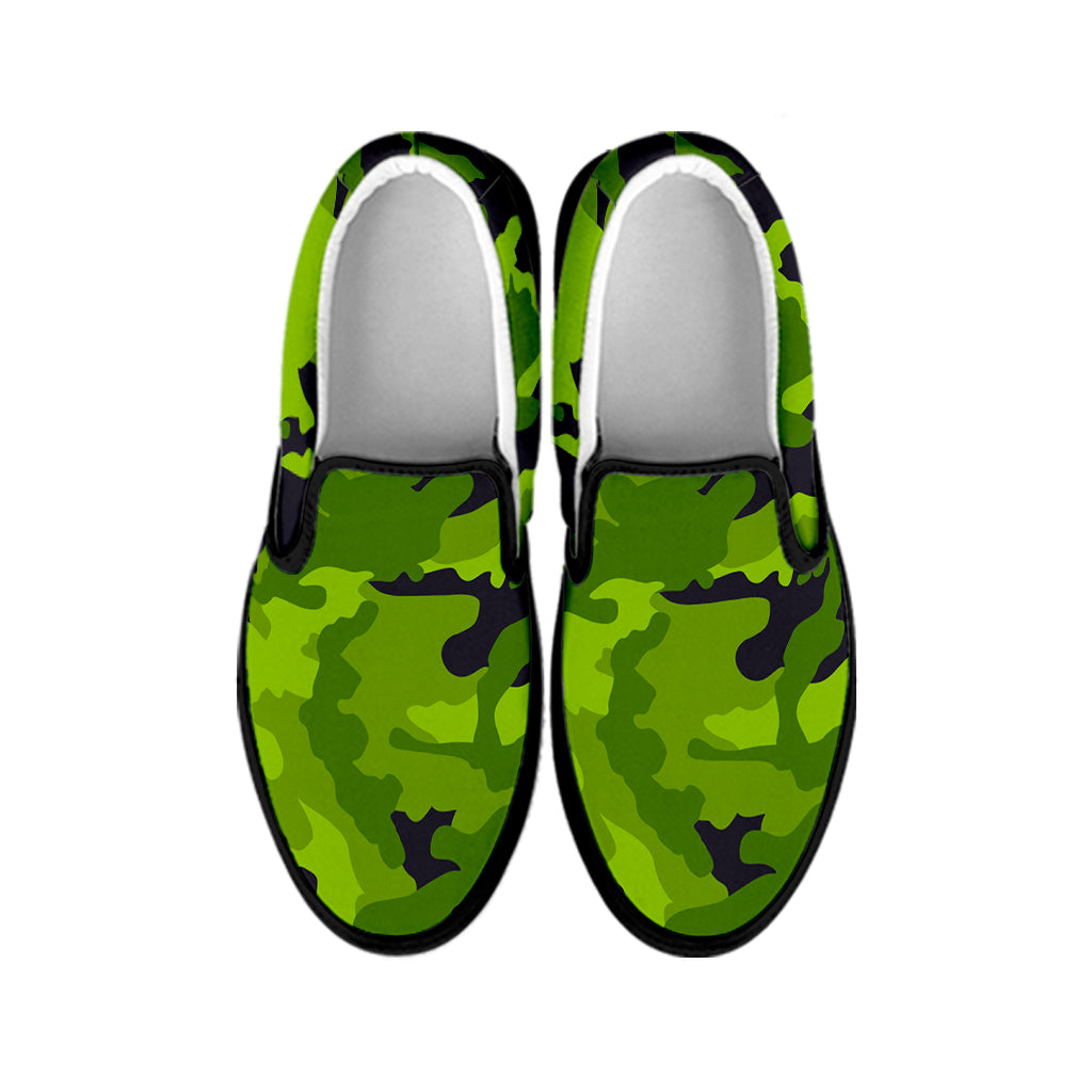Lime Green Camouflage Print Black Slip On Sneakers
