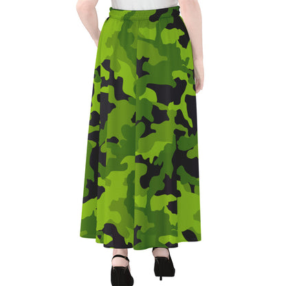 Lime Green Camouflage Print Chiffon Maxi Skirt
