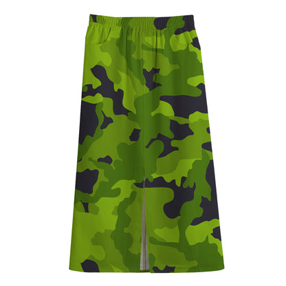 Lime Green Camouflage Print Cotton Front Slit Maxi Skirt