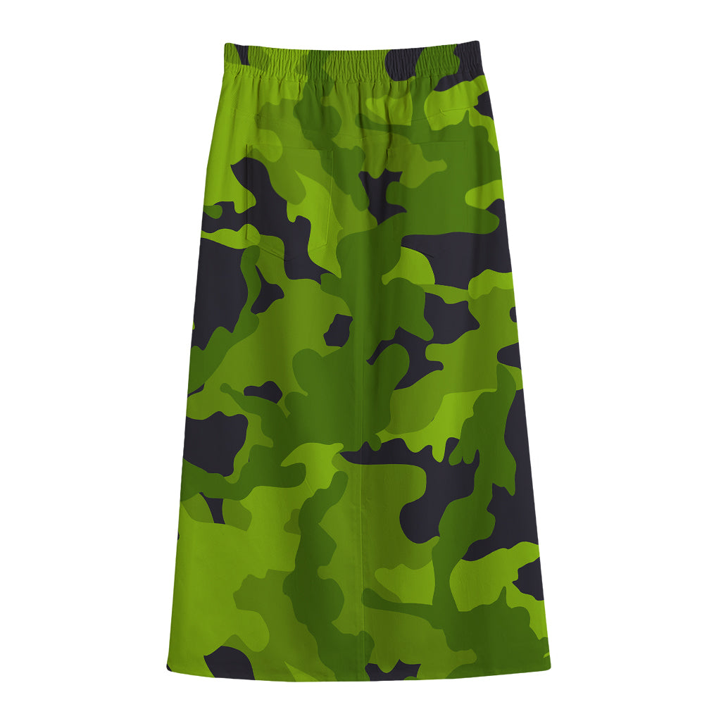 Lime Green Camouflage Print Cotton Front Slit Maxi Skirt