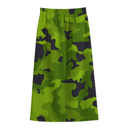 Lime Green Camouflage Print Cotton Front Slit Maxi Skirt