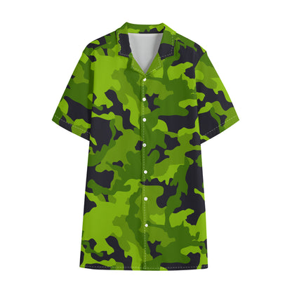 Lime Green Camouflage Print Cotton Hawaiian Shirt