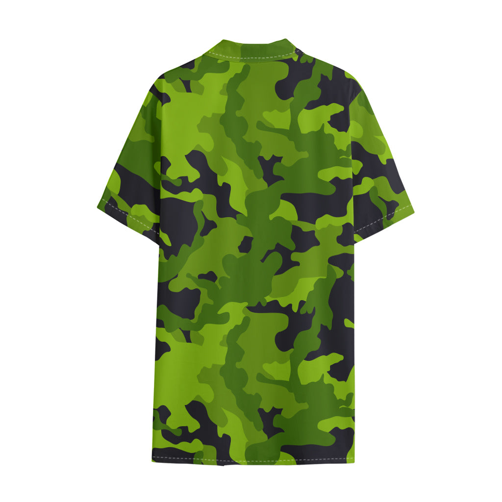 Lime Green Camouflage Print Cotton Hawaiian Shirt