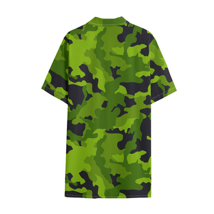 Lime Green Camouflage Print Cotton Hawaiian Shirt