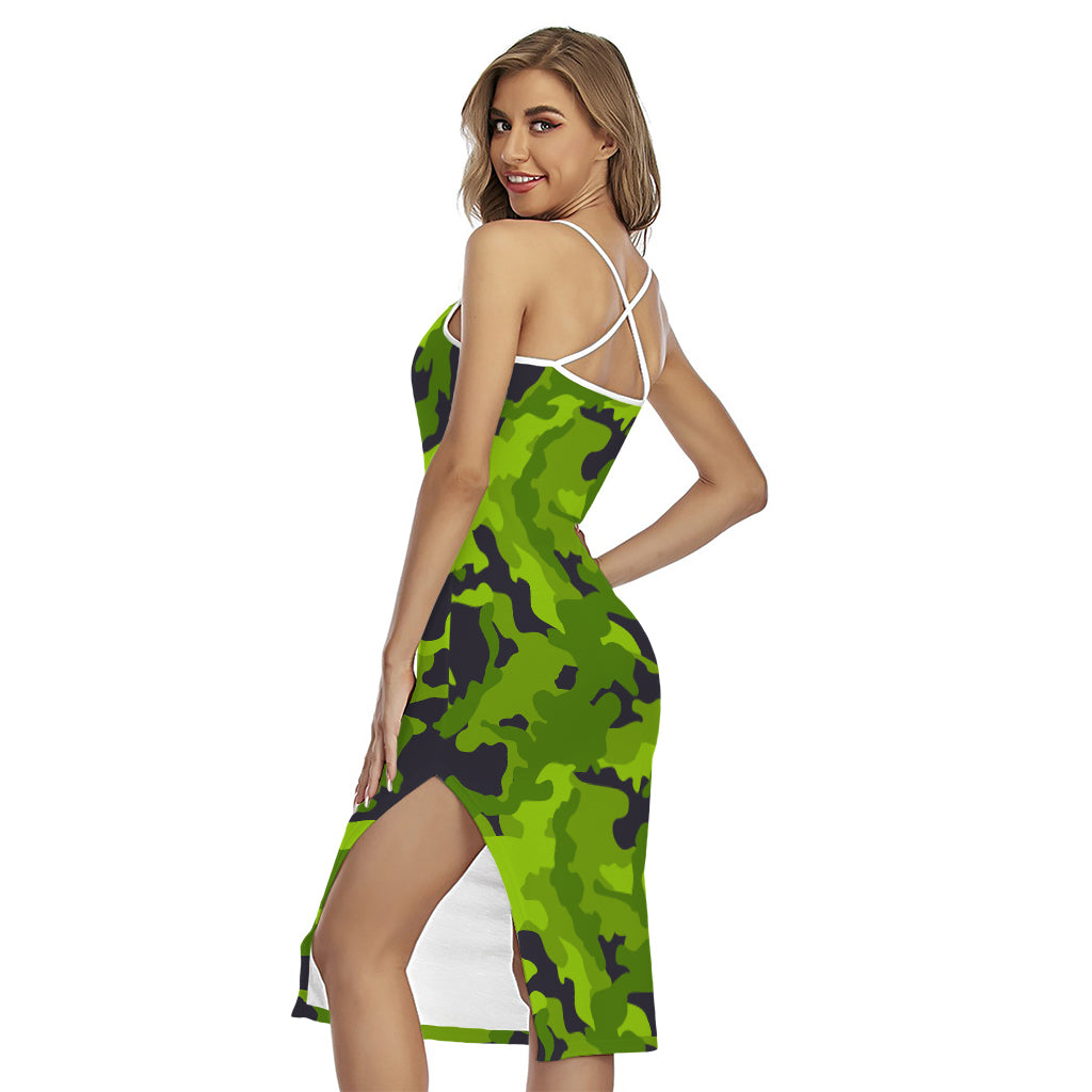 Lime Green Camouflage Print Cross Back Cami Dress