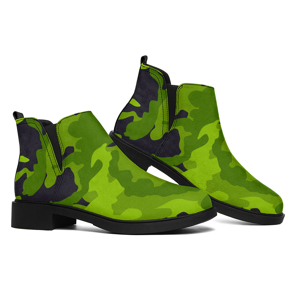 Lime Green Camouflage Print Flat Ankle Boots
