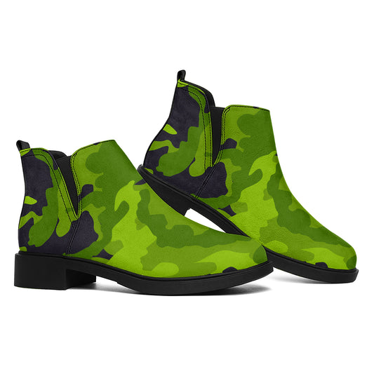 Lime Green Camouflage Print Flat Ankle Boots
