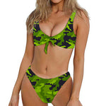 Lime Green Camouflage Print Front Bow Tie Bikini