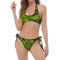 Lime Green Camouflage Print Halter Scoop Tie Side Bikini