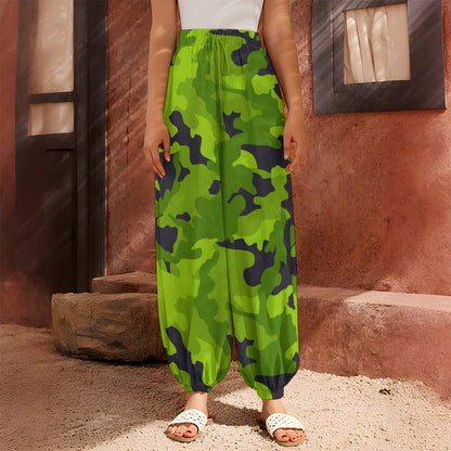 Lime Green Camouflage Print Harem Pants