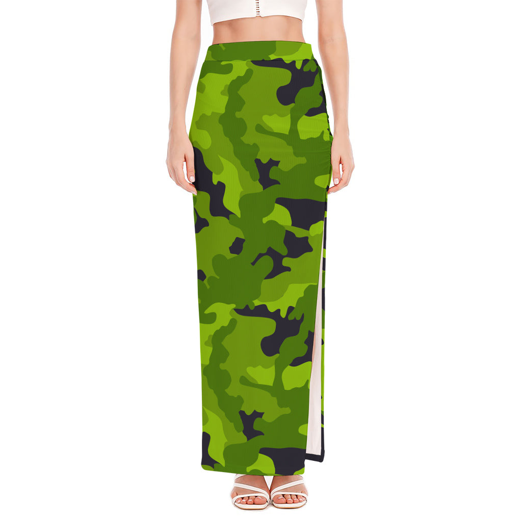 Lime Green Camouflage Print High Slit Maxi Skirt