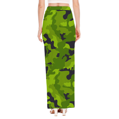 Lime Green Camouflage Print High Slit Maxi Skirt