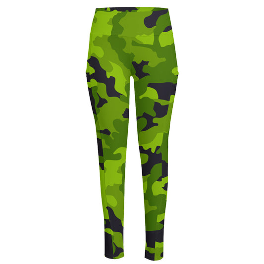 Lime Green Camouflage Print High-Waisted Pocket Leggings