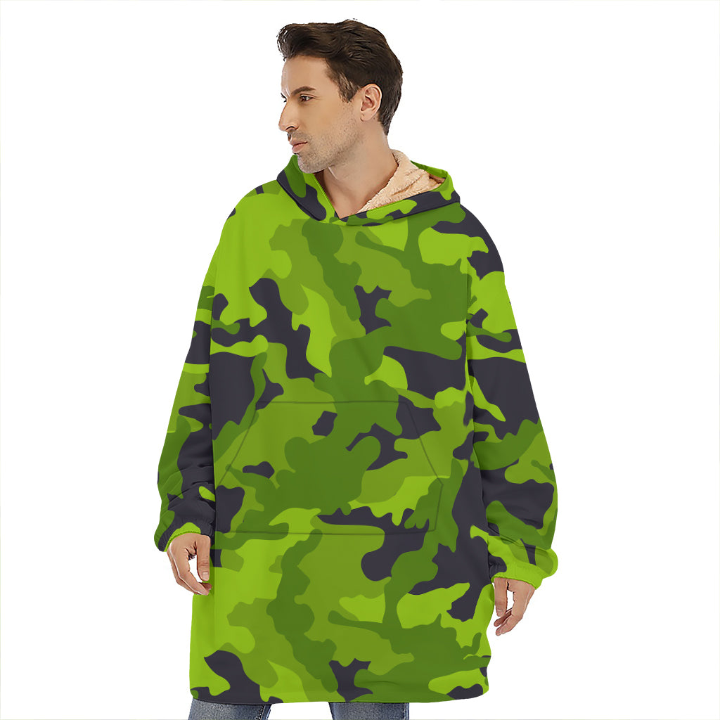 Lime Green Camouflage Print Hoodie Blanket