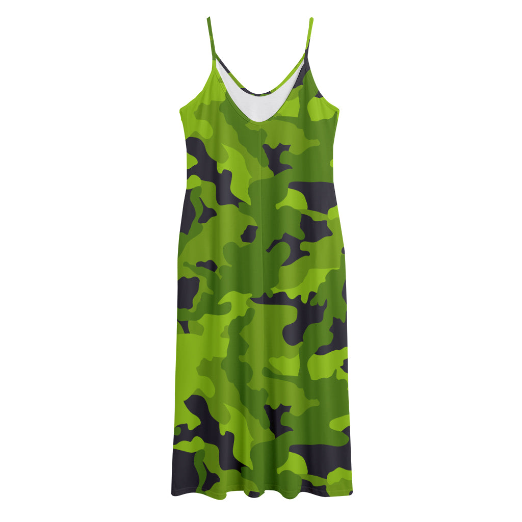 Lime Green Camouflage Print Jersey Midi Cami Dress