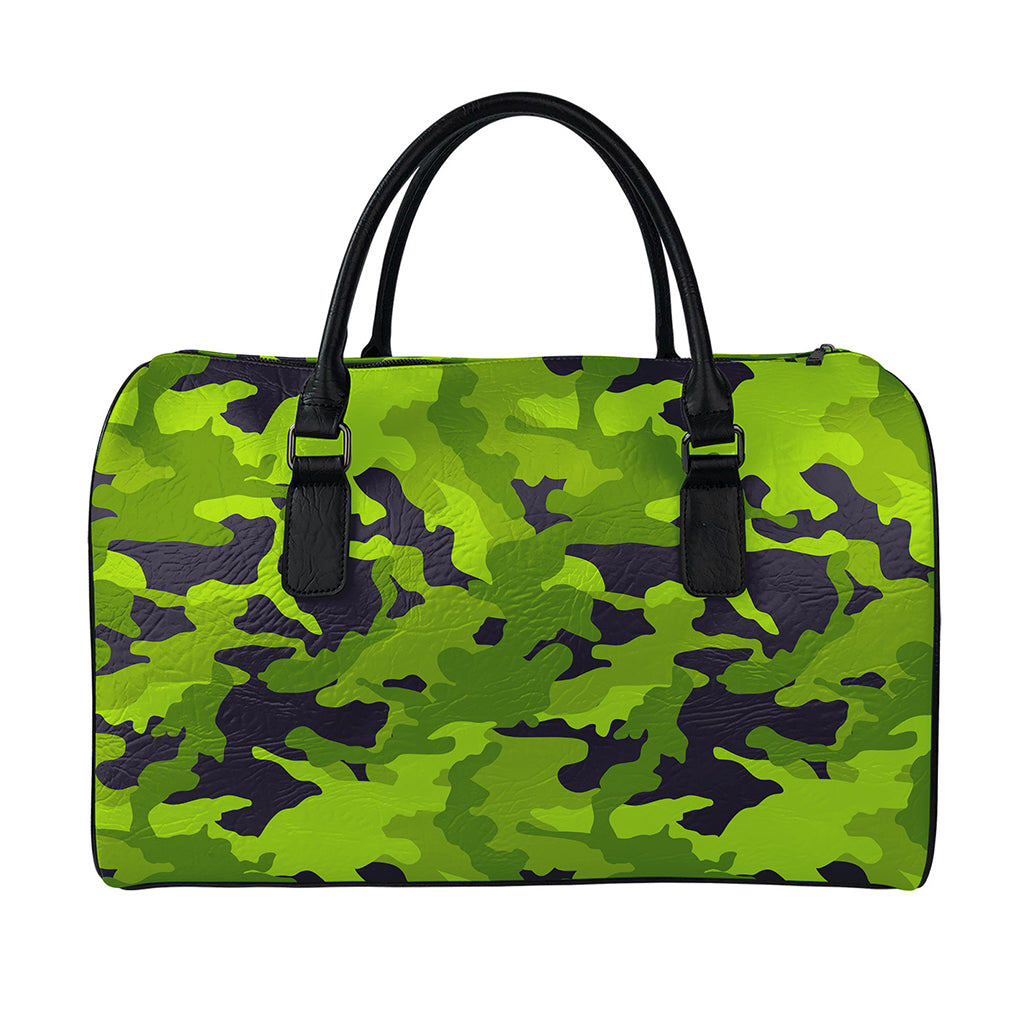 Lime Green Camouflage Print Leather Duffle Bag