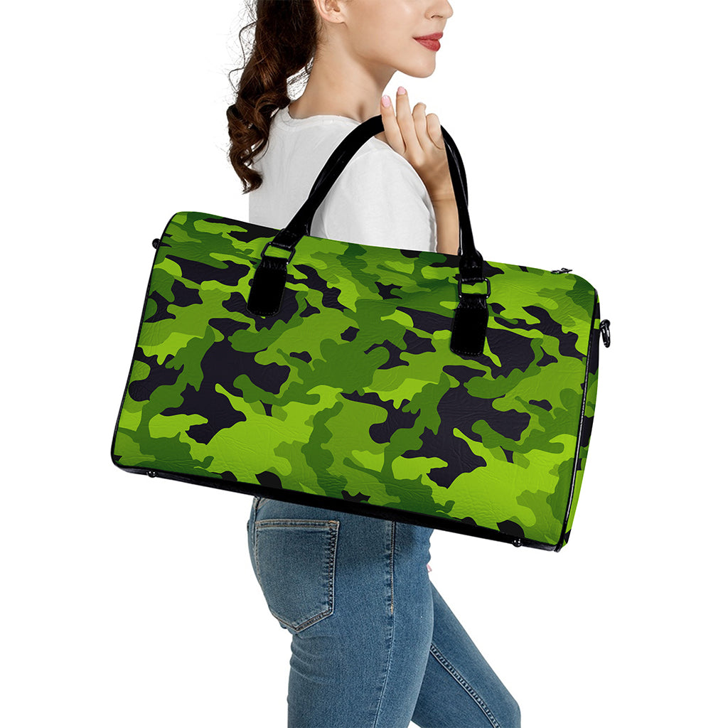 Lime Green Camouflage Print Leather Duffle Bag