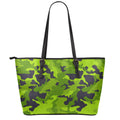 Lime Green Camouflage Print Leather Tote Bag With Zipper
