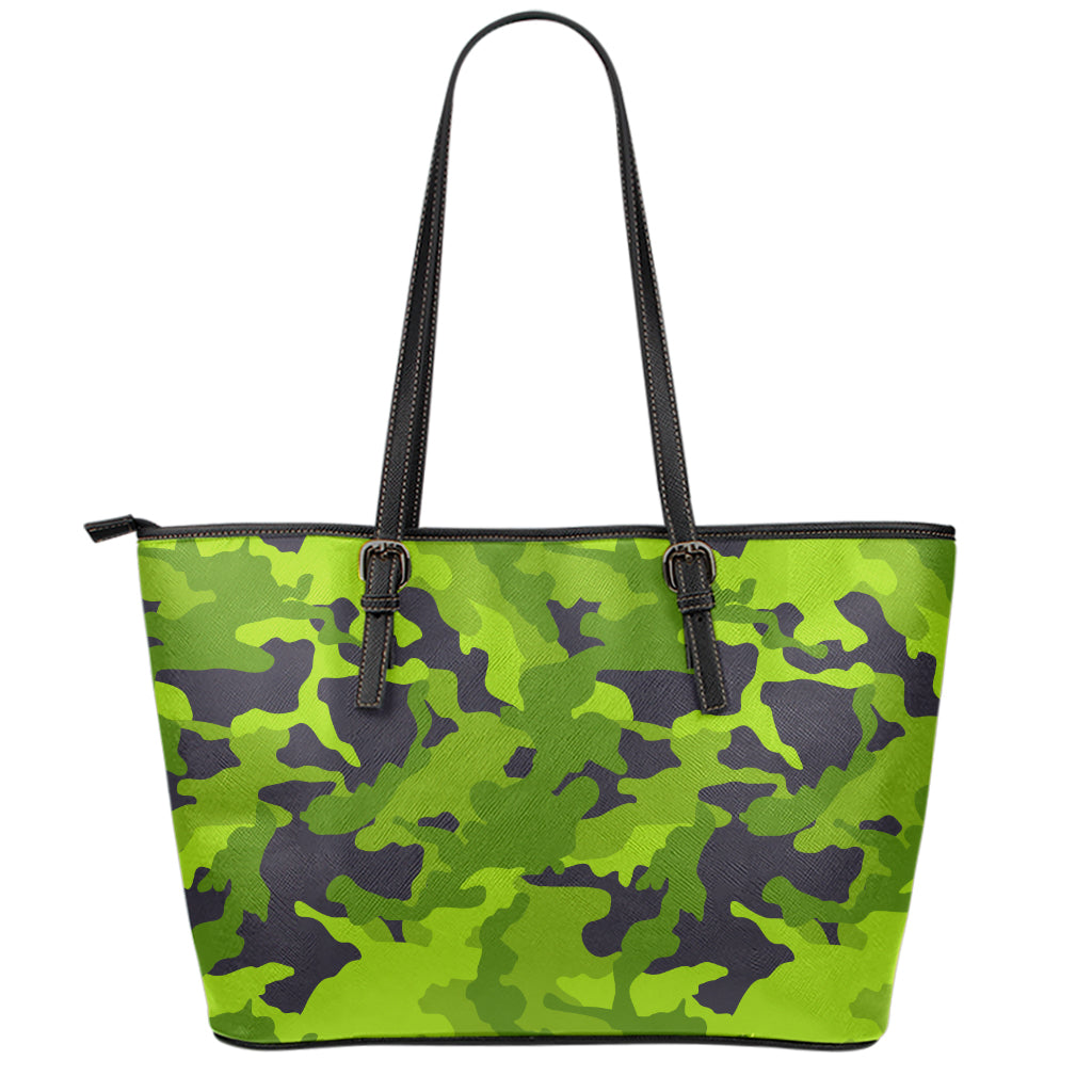 Lime Green Camouflage Print Leather Tote Bag